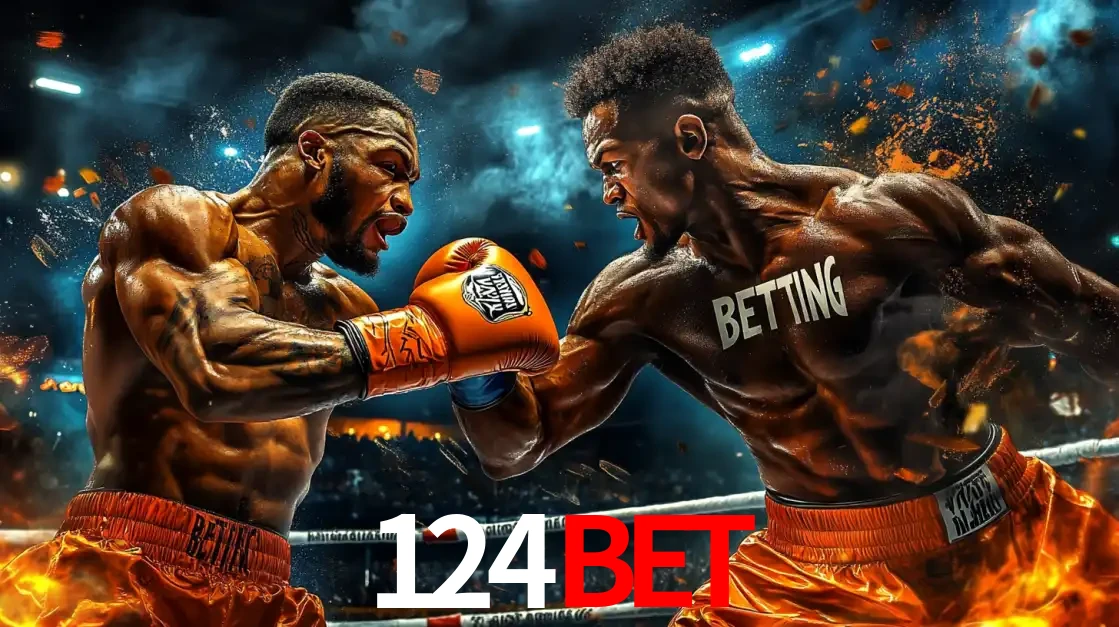 Dois boxeadores em uma luta intensa e explosiva, representando a adrenalina e as oportunidades de apostas em esportes de combate disponíveis na plataforma 124bet.