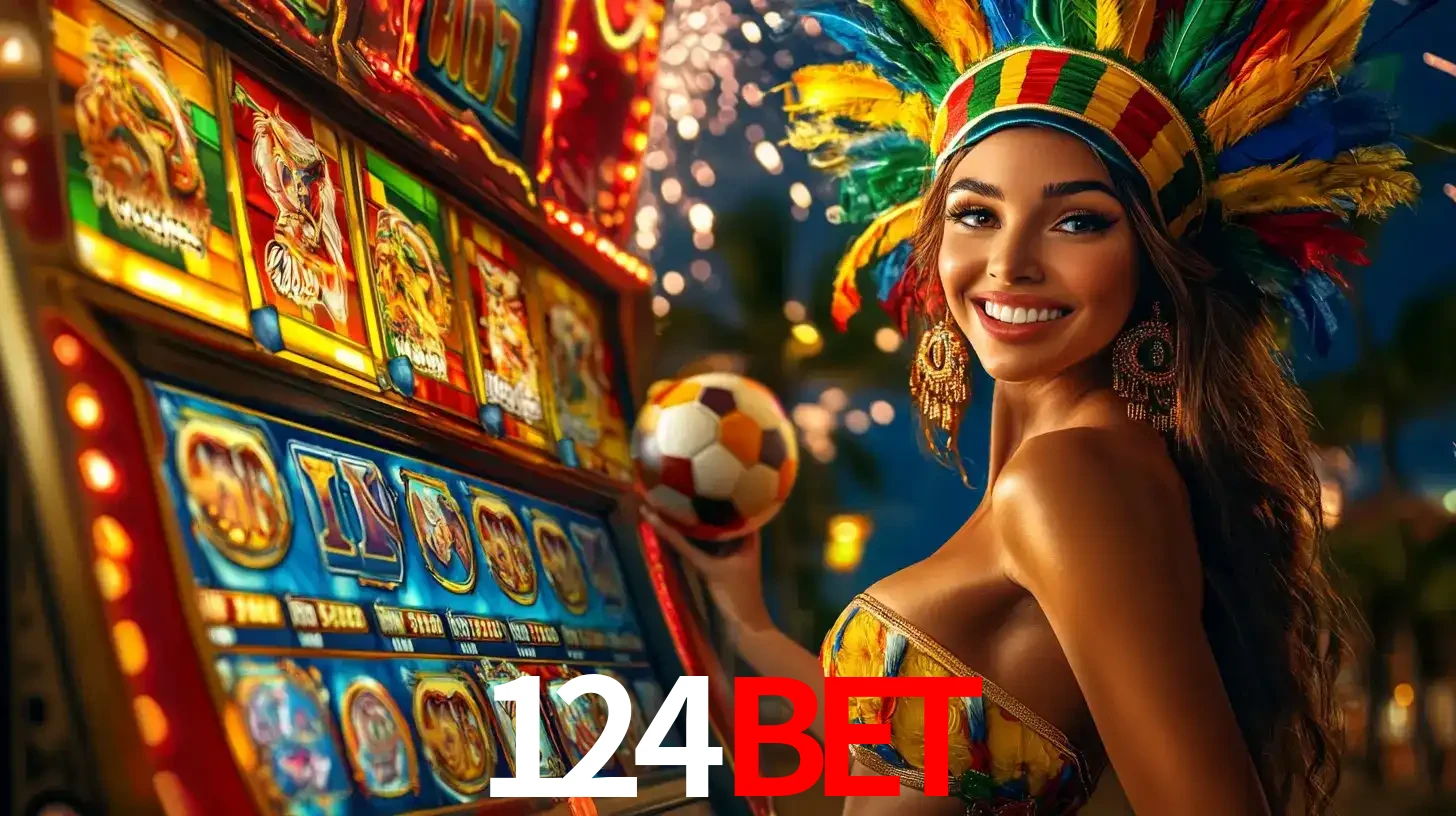 Mulher com um cocar de carnaval ao lado de uma máquina de caça-níqueis enquanto segura uma bola de futebol, mostrando a união da diversão de cassino e esportes no 124bet.