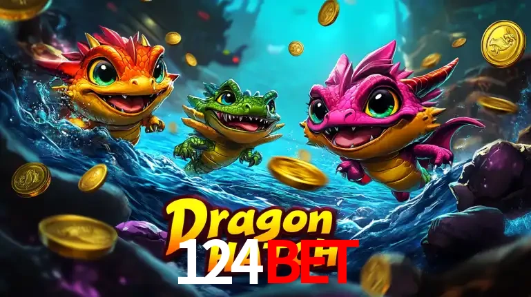 Arte promocional do jogo Dragon Hatch com três adoráveis dragões bebês nadando entre moedas de ouro, um dos slots mais divertidos para jogar no cassino 124bet.
