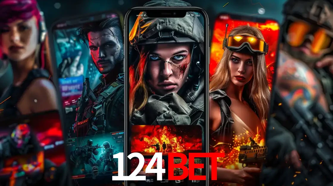 Montagem de telas de celular mostrando diversos personagens, masculinos e femininos, de um jogo de tiro, ilustrando a diversidade de equipes de e-sports para apostar no 124bet.