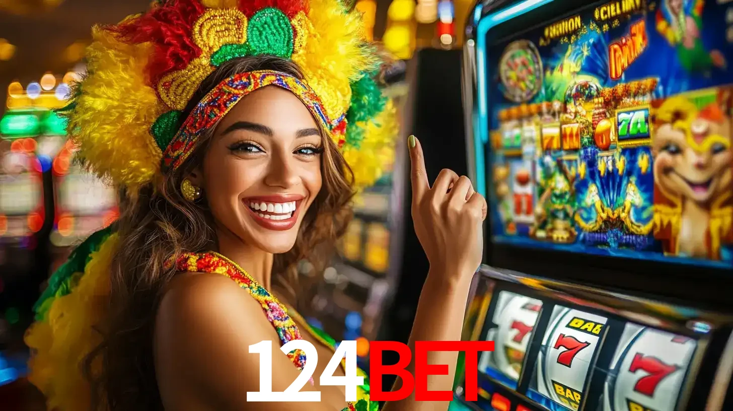 Mulher animada com um cocar de carnaval apontando para uma máquina de caça-níqueis, mostrando a emoção de ganhar um grande prêmio nos jogos do 124bet.
