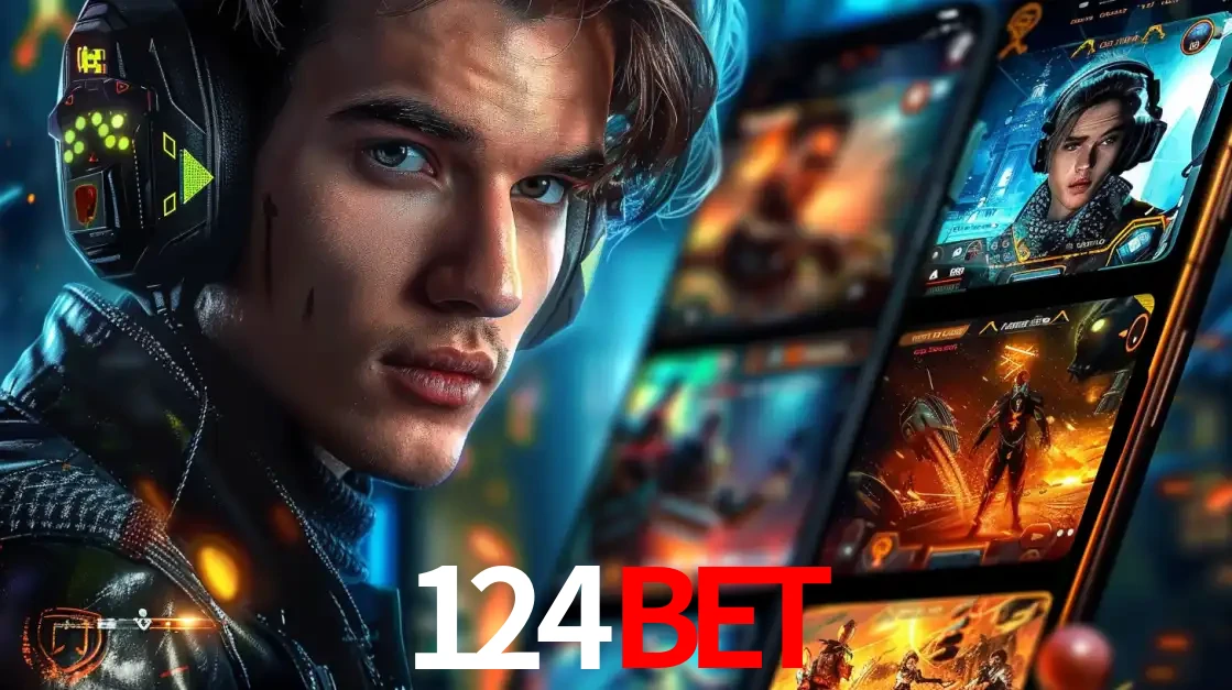 Jovem jogador com fones de ouvido olhando para a câmera, com um aplicativo de jogos e e-sports para celular ao fundo, pronto para a competição e apostas no 124bet.