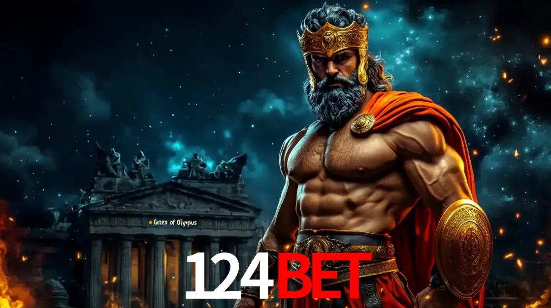 O poderoso Zeus do jogo de slot Gates of Olympus em frente ao seu templo, pronto para lançar multiplicadores divinos e prêmios épicos no cassino online 124bet.