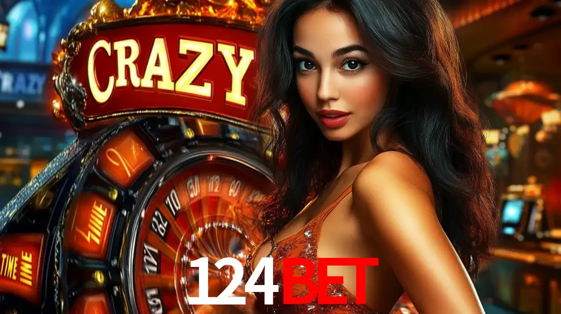 Mulher glamourosa olhando para a câmera com a roda vermelha do Crazy Time ao fundo em um ambiente de cassino, destacando a emoção dos jogos ao vivo no 124bet.