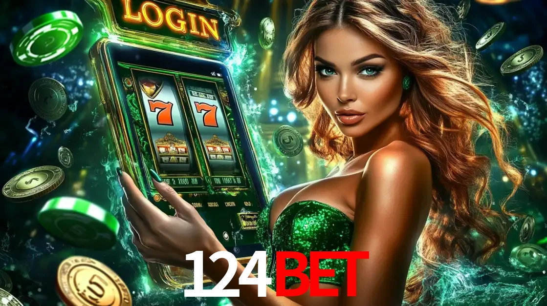 Mulher com tema verde apresentando o aplicativo do cassino 124bet com um jogo de slot de 777, cercada por fichas de cassino e uma aura de sorte.