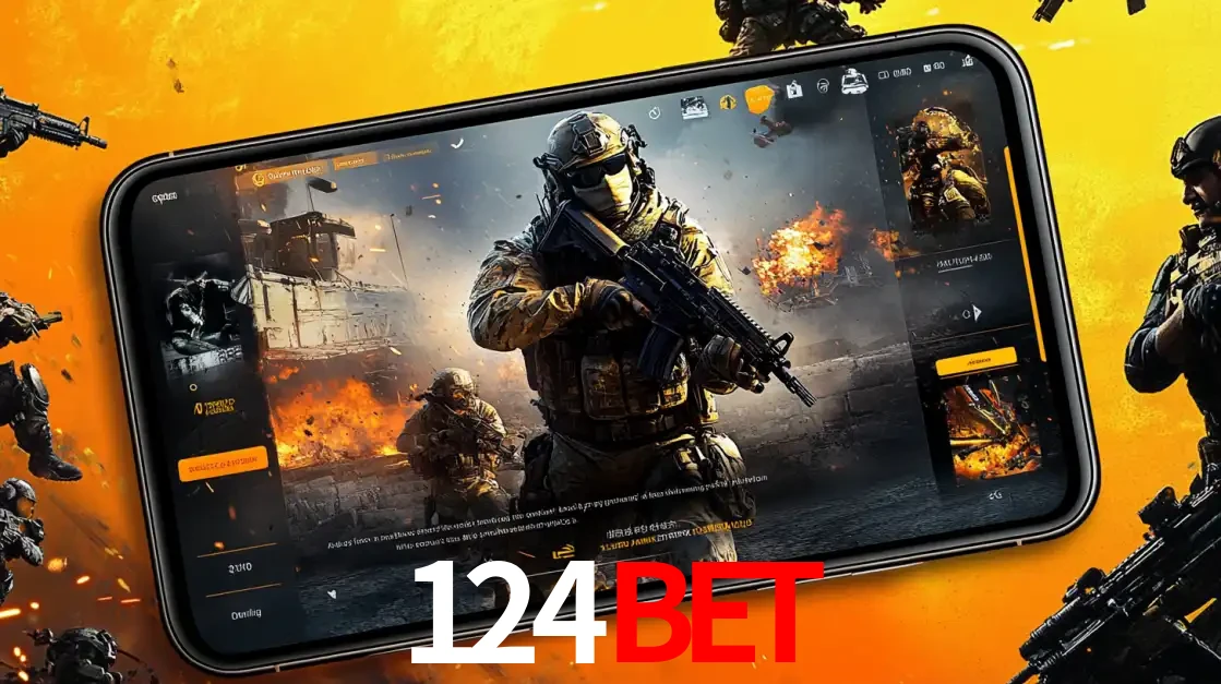 Um smartphone exibindo a interface de um jogo de tiro em primeira pessoa, com um soldado em um cenário de batalha, representando a ação dos e-sports para apostar no 124bet.