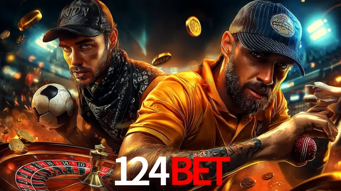 Montagem de apostas esportivas e cassino no 124bet, com um homem segurando uma bola de futebol e outro uma de beisebol sobre uma roleta e moedas voadoras.