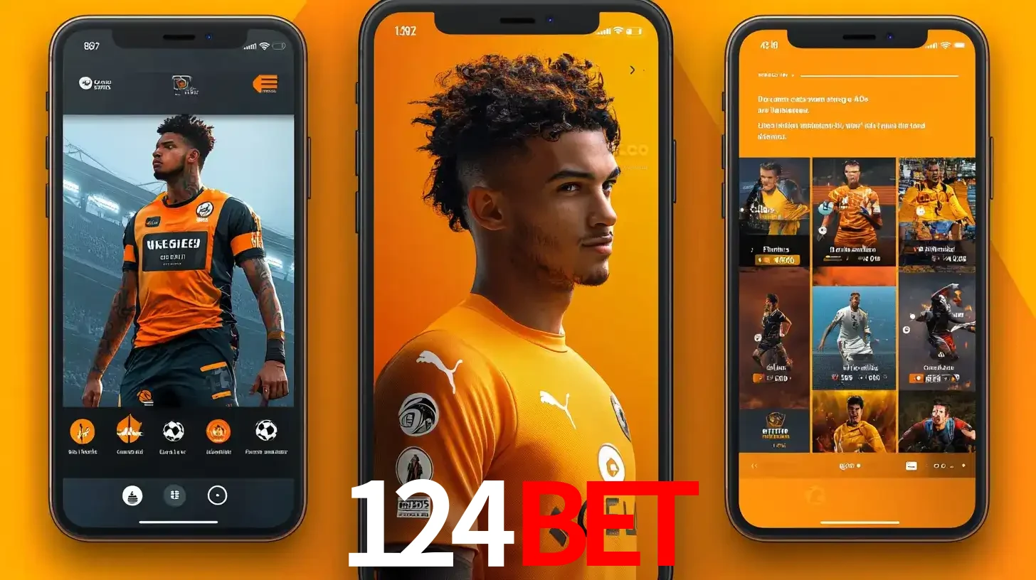 Interface do aplicativo de apostas esportivas 124bet em três telas de celular, mostrando o perfil de um jogador de futebol e a lista de jogos disponíveis para apostar.