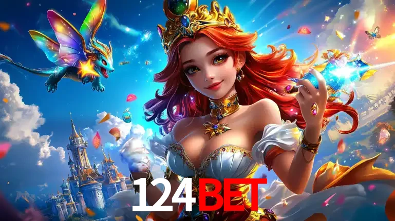 A princesa de um reino de fantasia mágico, com seu pequeno dragão, apresentando um mundo de prêmios encantados nos jogos de caça-níqueis do cassino 124bet.