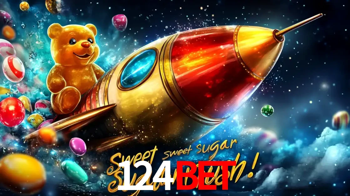 Arte promocional do jogo de slot Sugar Rush, com um urso de pelúcia em um foguete viajando pelo espaço de doces, um dos jogos divertidos disponíveis no cassino 124bet.