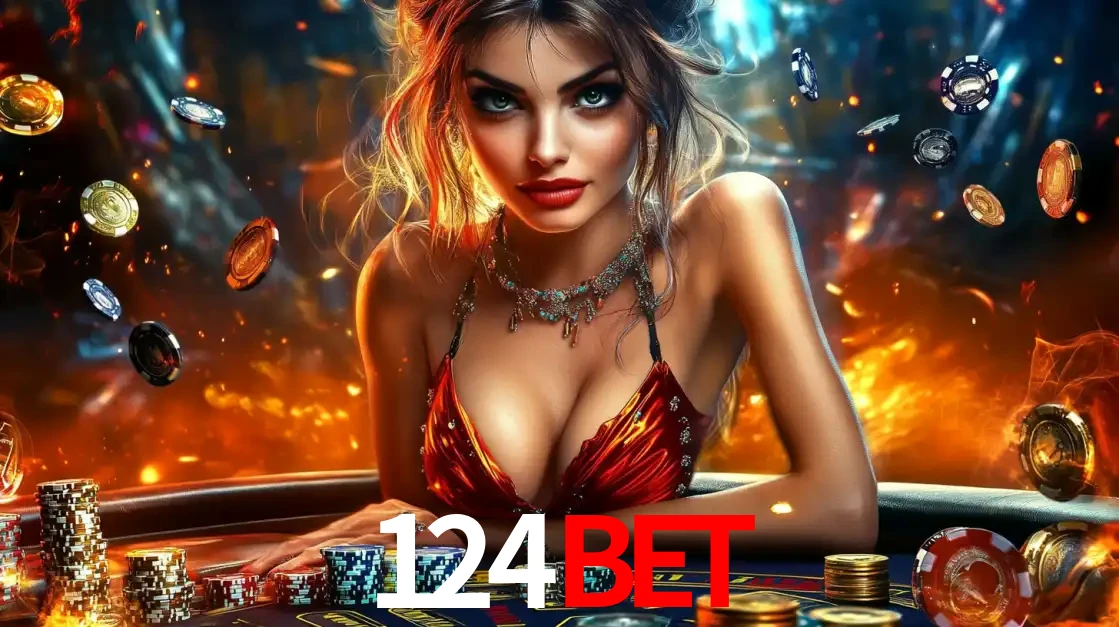 Mulher em uma mesa de cassino com pilhas de fichas e um fundo de fogo, pronta para uma rodada de altas apostas nos jogos de mesa emocionantes do cassino 124bet.