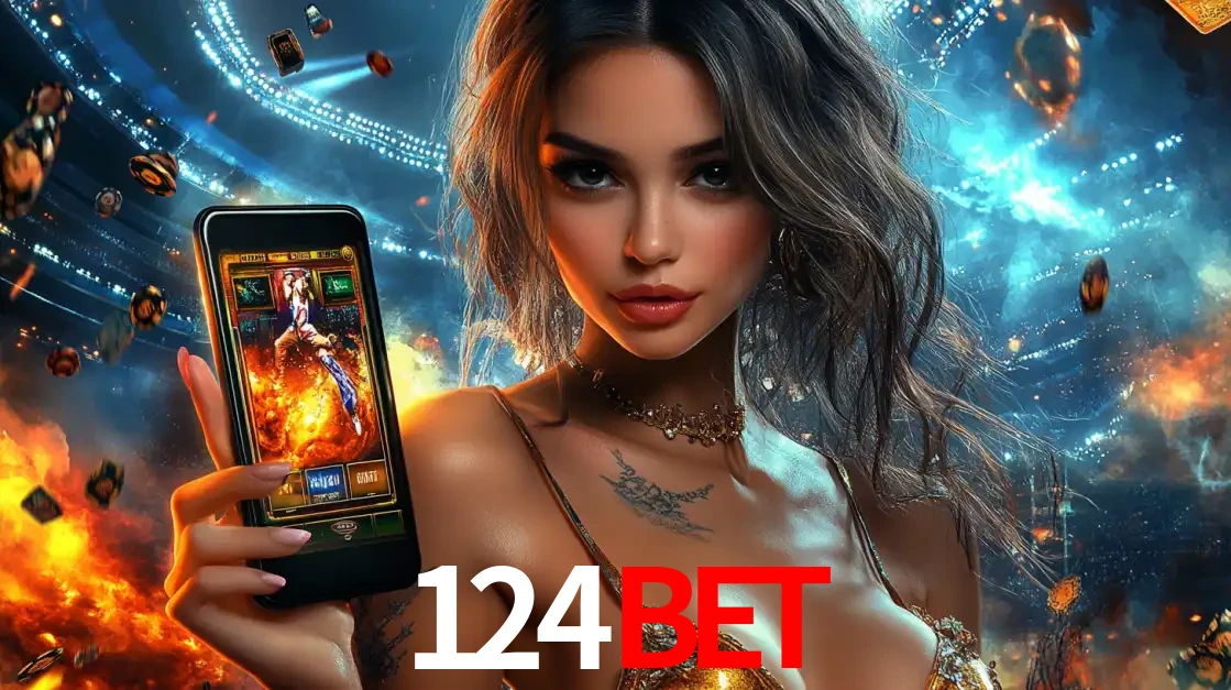 Mulher segurando um celular com um jogo de slot em destaque, tendo como fundo um estádio vibrante, simbolizando a emoção de jogar no cassino móvel 124bet.
