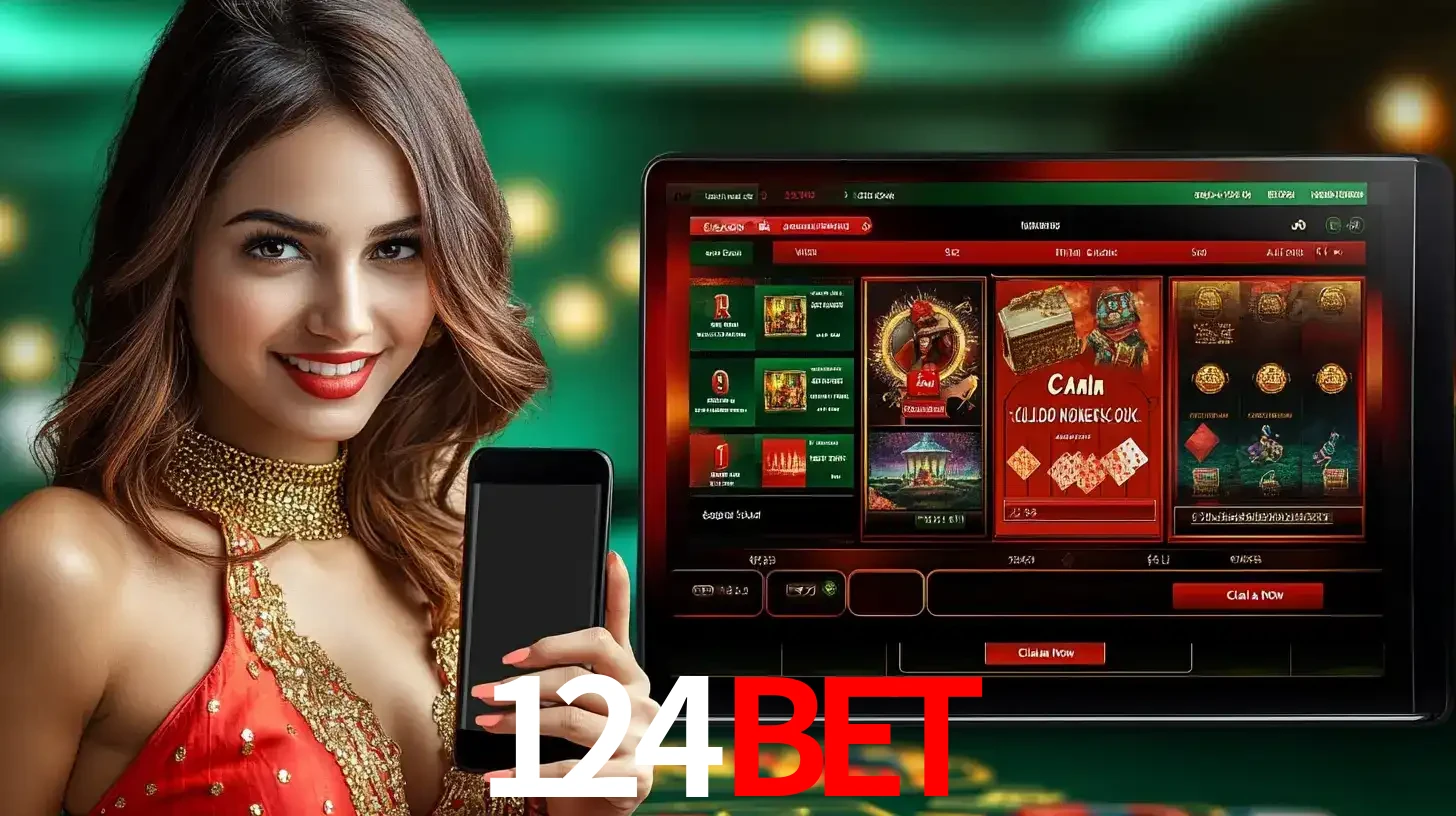 Mulher sorridente segurando um smartphone, ao lado de uma tela exibindo o lobby de jogos do cassino online 124bet, com várias opções de jogos de cartas e slots.